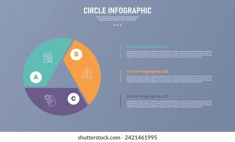 3 point circle infographic stage or step template with circular cycle with triangle slice on center for slide presentation