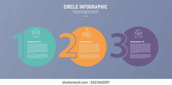 3 point circle infographic stage or step template with big numerical number on side for slide presentation