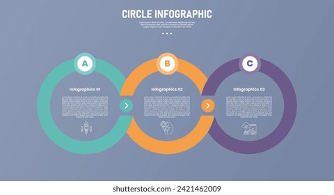 3 point circle infographic stage or step template with big outline shape join linked with circle top badge for slide presentation