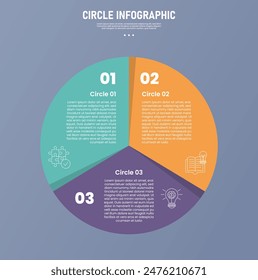 3 point circle infographic stage or step template with big piechart with shadow on center for slide presentation vector