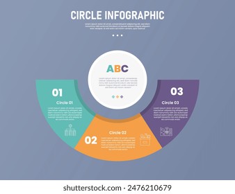 3 point circle infographic stage or step template with half piechart shape on circle base center for slide presentation vector