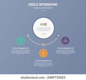3 point circle infographic stage or step template with circle half circle connection bottom direction for slide presentation vector