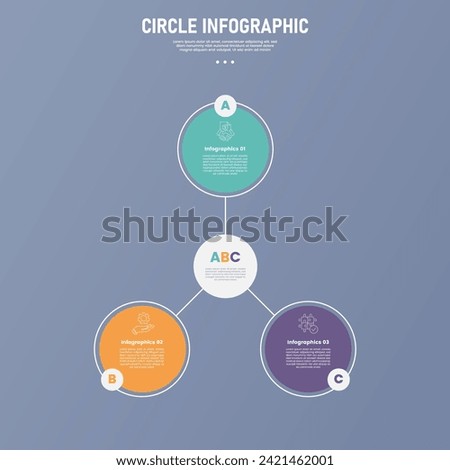 3 point circle infographic stage or step template with hierarchial structure with line linked for slide presentation