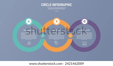 3 point circle infographic stage or step template with big outline shape join linked with circle top badge for slide presentation