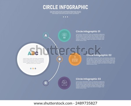 3 point circle infographic stage or step template with big circle center and half line connection for slide presentation vector