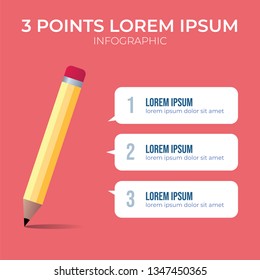 3 point infographic element vector with pencil illustration. can be used for describing writing idea, studying step, proccess, etc.