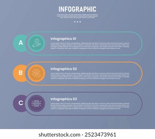 3 point round rectangle infographic stage or step template with round outline shape and circle badge at edge for slide presentation vector