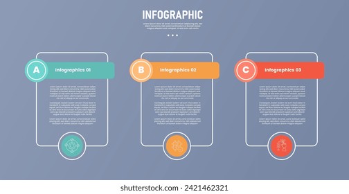 plantilla de infografía de etapa o paso de 3 puntos con estilo de contorno de contenedor de cuadro de tabla y botón de cabecera de círculo para presentación de diapositiva