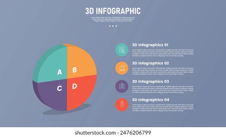 3 point stage or step infographic template with 3d isometric style shape with big circle standing piechart for slide presentation vector