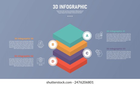 3-Punkt-Bühne oder Schritt-Infografik-Vorlage mit 3D-Isometrie-Stil Form quadratischer Ebenenstapel in der Mitte mit für Diapräsentations-Vektorgrafik