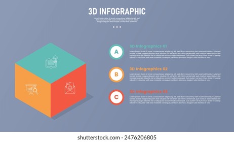 Plantilla infográfica de 3 puntos de etapa o paso con forma de estilo isométrico 3d con gran cubo y pila de punto circular para el Vector de presentación de diapositivas