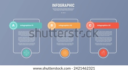 3 point stage or step infographic template with table box container outline style and circle header badge for slide presentation
