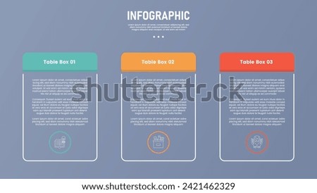 3 point stage or step infographic template with table box container with outline style for slide presentation