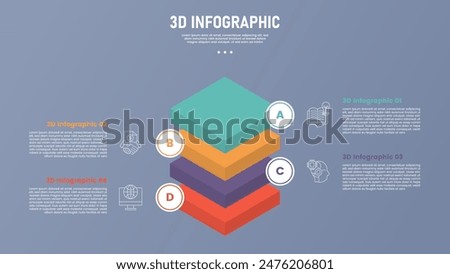 3 point stage or step infographic template with 3d isometric style shape square layer stack on center with for slide presentation vector
