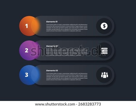 3 points infographic with glassmorphism style with round rectangle stacked list with circle edge with 3 elements vector
