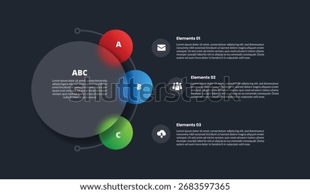3 points infographic with glassmorphism style with big circle and small spreading on right side with 3 elements vector