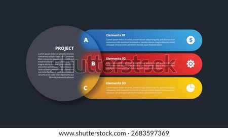 3 points infographic with glassmorphism style with big circle and long round rectangle stacked list with 3 elements vector