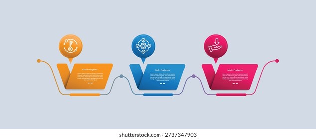 3 points infographic with glossy gradient style with slope and skew rectangle with callout discussion on top with three segment information vector
