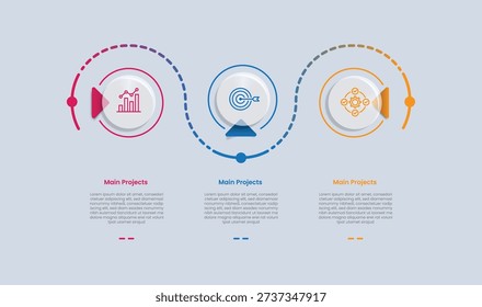 3 points infographic with glossy gradient style with circle and dotted outline line circular up and down with three segment information vector