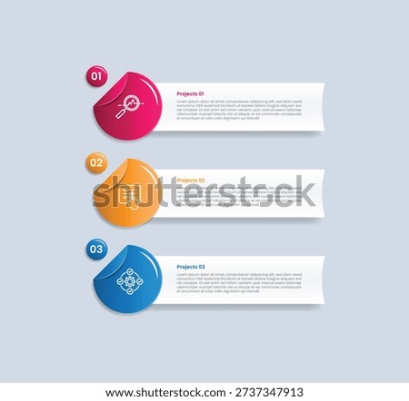 3 points infographic with glossy gradient style with long rectangle with circle badge on flip side with vertical list stacked with three segment information vector