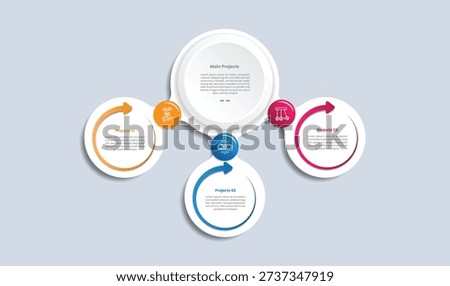 3 points infographic with glossy gradient style with big circle top and some circle connected and linked at bottom with arrow circular sign with three segment information vector