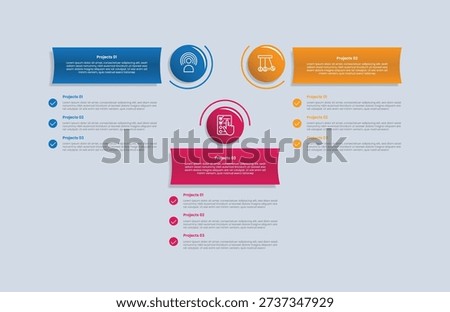 3 points infographic with glossy gradient style with circle and rectangle badge header on circular cycle with three segment information vector