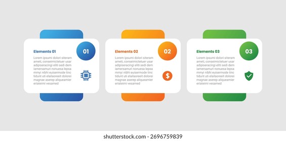 3 points infographic with gradient style with round square box with circle badge side with 3 elements stages vector