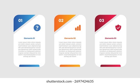 Infográfico de 3 pontos com estilo gradiente com alta caixa retangular vertical arredondada com corte de fatia triangular na parte superior com 3 elementos stage vetor