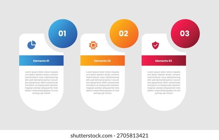 Infografía de 3 puntos con estilo de gradiente con caja de cápsula redonda con insignia circular en el lado superior con 3 etapas de Elementos Vector