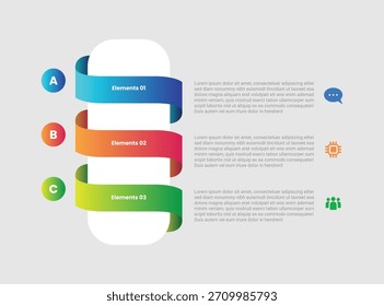 Infografía de 3 puntos con estilo de gradiente con rectángulo redondo de Vertical con cinta lisa Onda volteada con 3 etapas de Elementos Vector