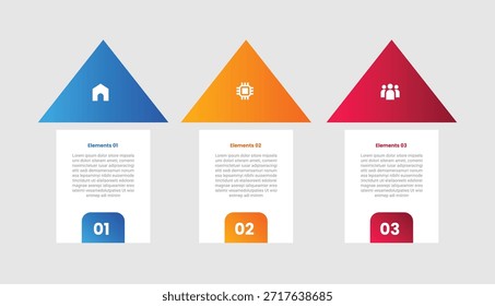 3 Punkte Infografik mit Farbverlauf-Stil mit Pfeil-Badge auf der oberen Richtung mit horizontaler Liste mit 3 Elemente Stadien