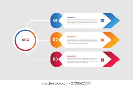 3 points infographic with gradient style with big circle linked with arrow box container with 3 elements stages vector