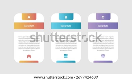 3 points infographic with gradient style with round rectangle box with tall shape and round badge on top with 3 elements stages vector