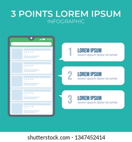 3 points of online shopping tips with catalog user interface in smartphone screen illustration, infographic element vector. can be used for steps how to shop online.