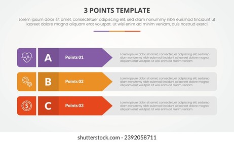 3 points stage template infographic concept for slide presentation with rectangle arrow stack with 3 point list with flat style