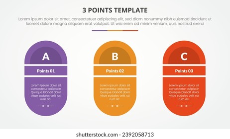 3 points stage template infographic concept for slide presentation with round shape with slice title with 3 point list with flat style