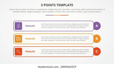 Concepto de infografía de plantilla de 3 puntos para presentación de diapositivas con cuadro de rectángulo de contorno y borde de círculo con lista de 3 puntos con estilo plano