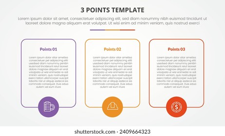 3 points stage template infographic concept for slide presentation with big box outline with circle on bottom with 3 point list with flat style