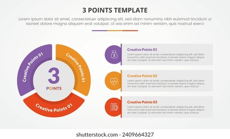 Infografik-Konzept der 3-Punkte-Vorlage für Diavorstellung mit großer Kuchenblattform und einem runden Rechteck mit 3-Punkte-Liste im flachen Stil