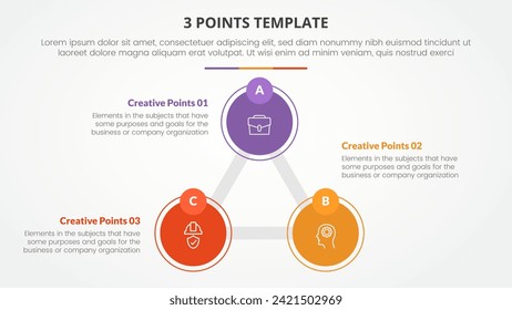 3-Punkte-Vorlage Infografik-Konzept für Diapräsentation mit dreieckiger kreisförmiger Großkreislinie verbunden mit 3-Punkte-Liste mit flachem Stil