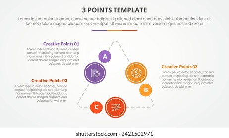 3 points stage template infographic concept for slide presentation with triangle cycle circular on triangle line connected with 3 point list with flat style