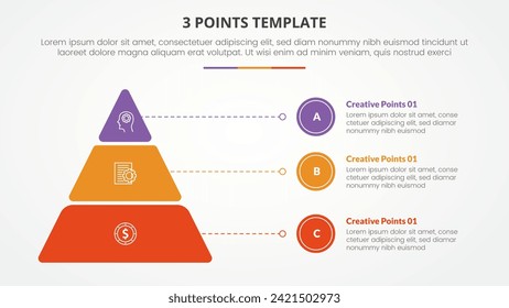 Concepto de infografía de plantilla de 3 puntos para la presentación de diapositivas con pirámide redonda y puntero de línea con lista de 3 puntos con estilo plano