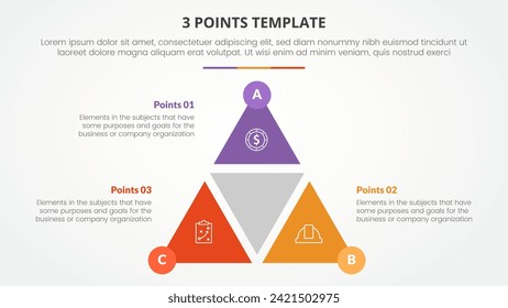 Concepto de infografía de plantilla de 3 puntos para presentación de diapositivas con trazo circular de forma de ciclo triangular con placa de círculo con lista de 3 puntos con estilo plano