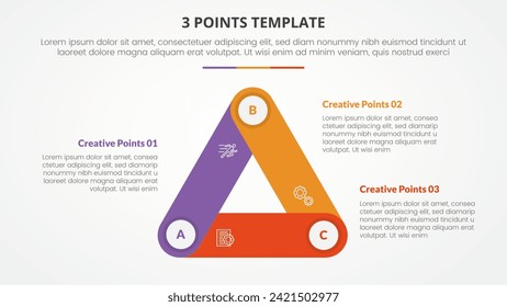 3 points stage template infographic concept for slide presentation with triangle cycle circular round rectangle shape connected with 3 point list with flat style