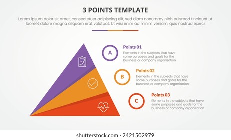 Infografik-Konzept der 3-Punkte-Bühne-Vorlage für Diavorstellung mit kreativer Slice-Dreieck-Pyramide mit 3-Punkte-Liste mit flachem Stil