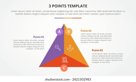 3 points stage template infographic concept for slide presentation with triangle cycle circular center circle badge with 3 point list with flat style