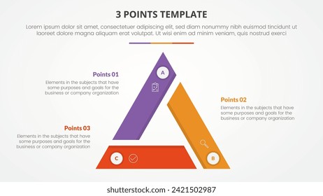 3 points stage template infographic concept for slide presentation with triangle cycle circular triangle slice edge center with 3 point list with flat style