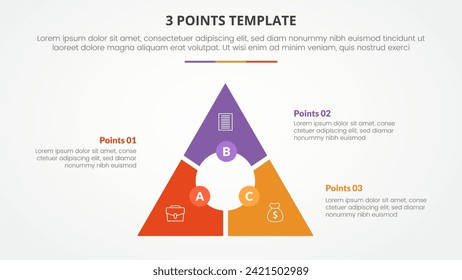 Infografik-Konzept der 3-Punkte-Stationen-Vorlage für Diavorstellung mit kreisförmigem Dreieckskreis-Mittelpunkt mit 3-Punkte-Liste im flachen Stil