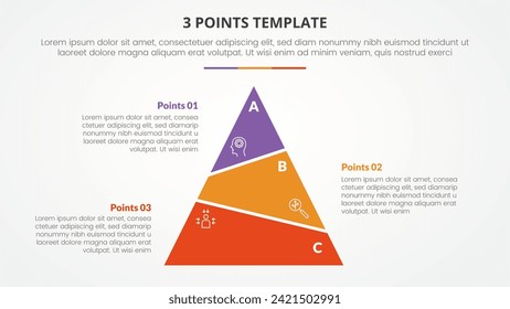 3 points stage template infographic concept for slide presentation with slice pyramid unbalance with 3 point list with flat style