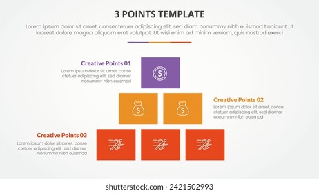 3 points stage template infographic concept for slide presentation with box rectangle pyramid structure with 3 point list with flat style